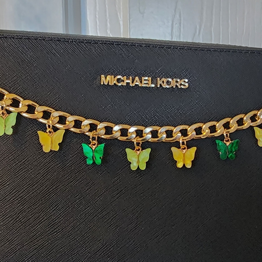 Hand Crafted Gold Chain and Green-Yellow Butterfly Charms